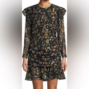Veronica Beard Parc Ruched Floral Ruffle Dress mini red green gold foil silk 4